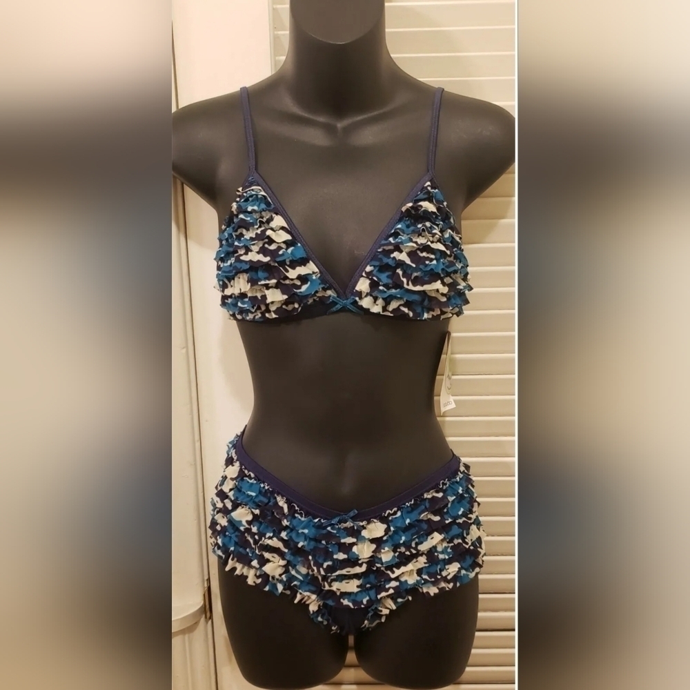 NWT HONEYDEW BLUE / WHITE MESH RUFFLE BRALETTE BRA RUMBA BOYSHORT PANTY SET SZ S